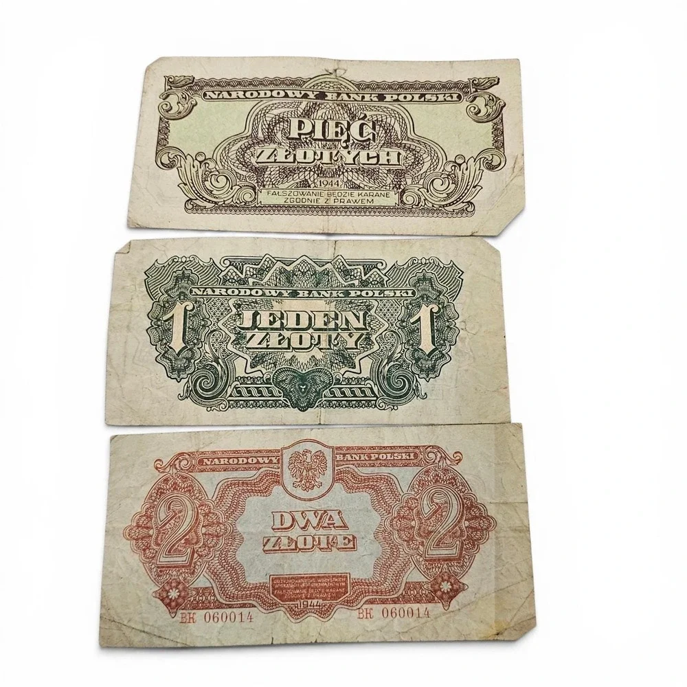 Polish Narodowy Bank Polski Banknotes 1944 WW2 WWII 1, 2 ,5 Złoty Paper Bills